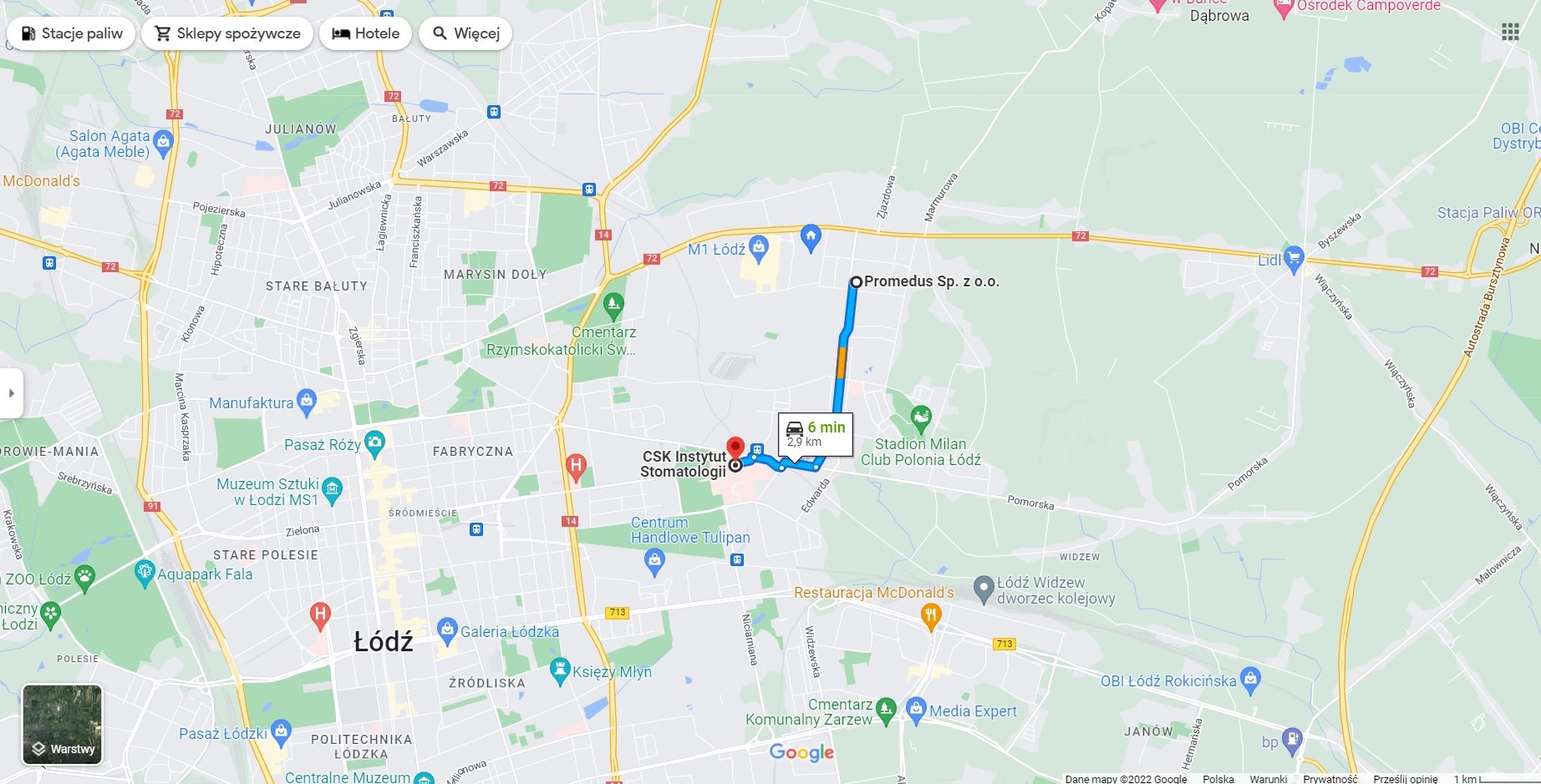 Mapa dojazdu z promedus do Planmeca KaVo RoadShow